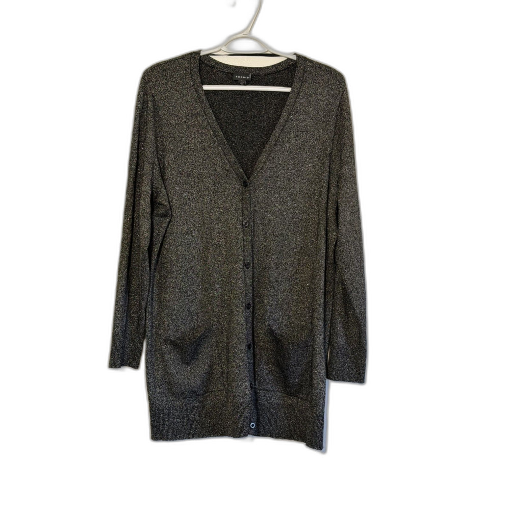 NWOT Torrid Long Cardigan Black Glitter Button Up Pockets Sz 1 Gorgeous